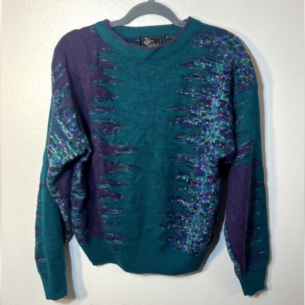 Vintage 80s Alan Stuart Teal and Purple Sweater Medium Unisex